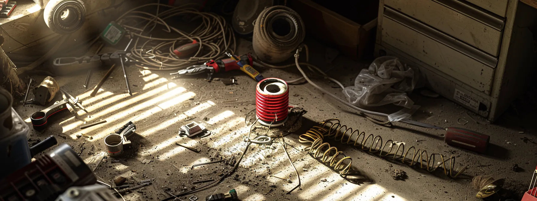 Garage Door Repair in Beltonbelton, with various types of springs and tools scattered around, showcasing the complexity and importance of understanding repair costs and considerations.